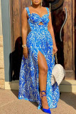 Blauer Mode-reizvoller Druck ausgehöhltes rückenfreies Schlitz-Spaghetti-Träger-langes Kleid