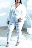 Jeans de mezclilla de cintura alta de patchwork ahuecados rasgados lisos de calle sexy blanco