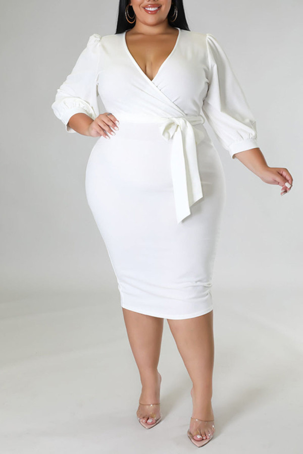 ホワイトカジュアルソリッド包帯パッチワークVネックワンステップスカートプラスサイズのドレス
