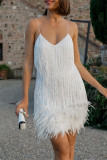 Weiße Mode Sexy Patchwork Pailletten Federn V-Ausschnitt Sling Dress