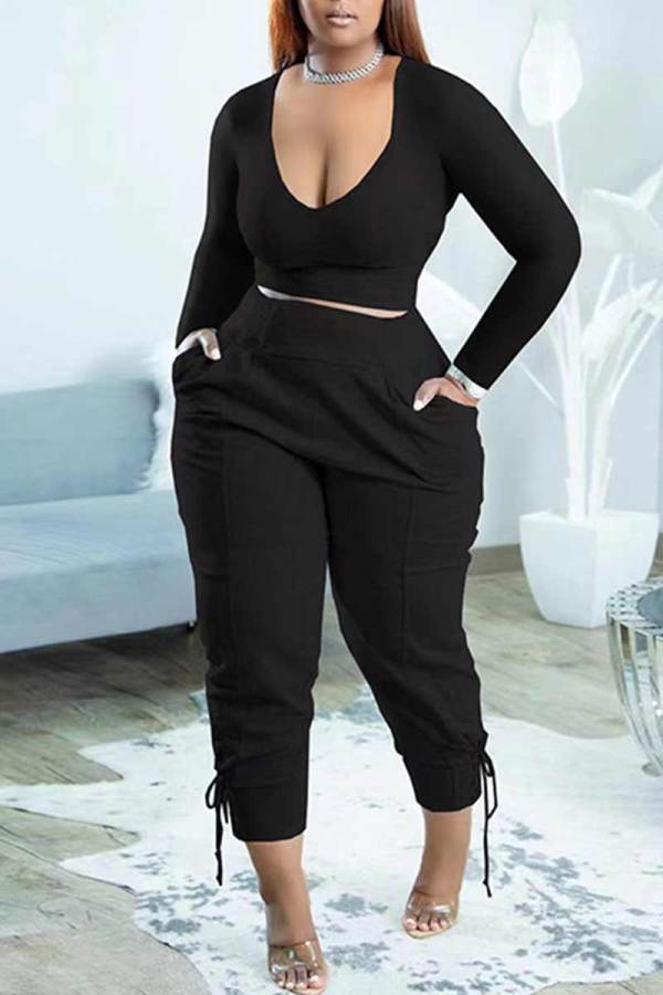 Zwart Casual Solid Bandage Patchwork V-hals Plus Size Two Pieces