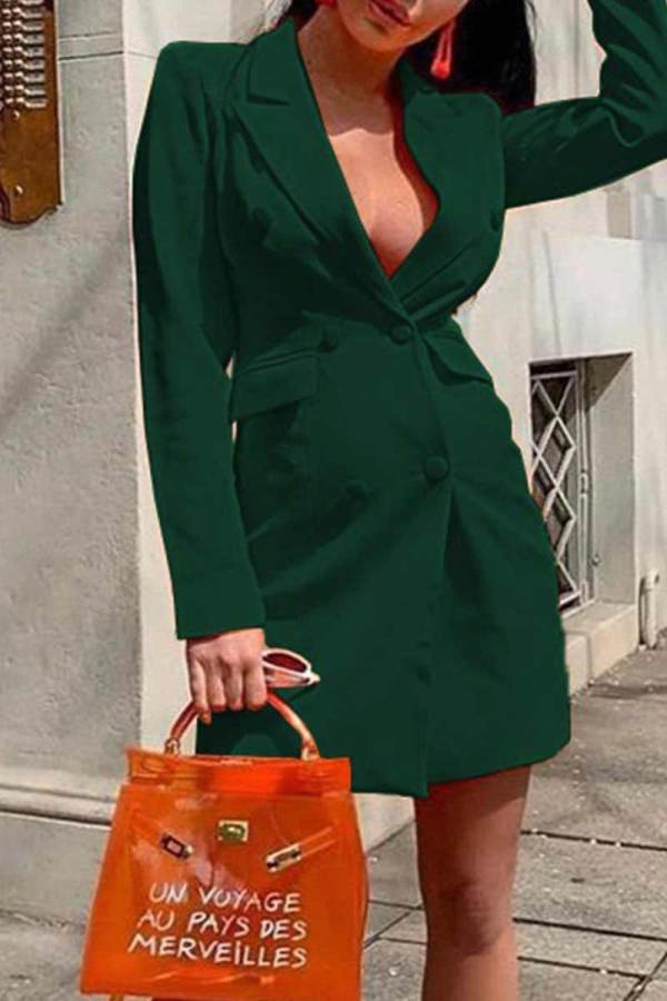 Bläckgrön Casual Solid Patchwork-spänne Vändkrage Ytterkläder