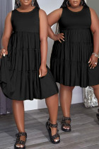 Zwarte casual effen patchwork vouw O-hals A-lijn jurken
