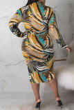 マルチカラーファッションカジュアルプリントパッチワークVネック長袖プラスサイズのドレス