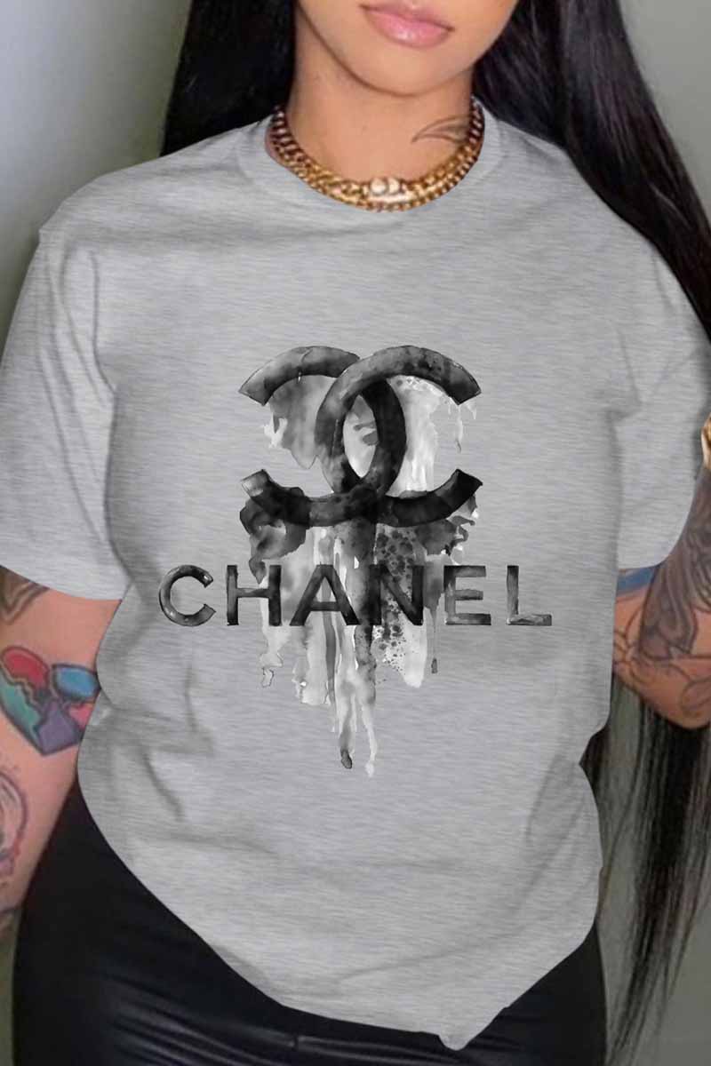 

Grey Fashion Casual Print Letter O Neck T-Shirts