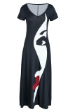 ブラックファッションカジュアルプリントパッチワークVネック半袖ドレスドレス