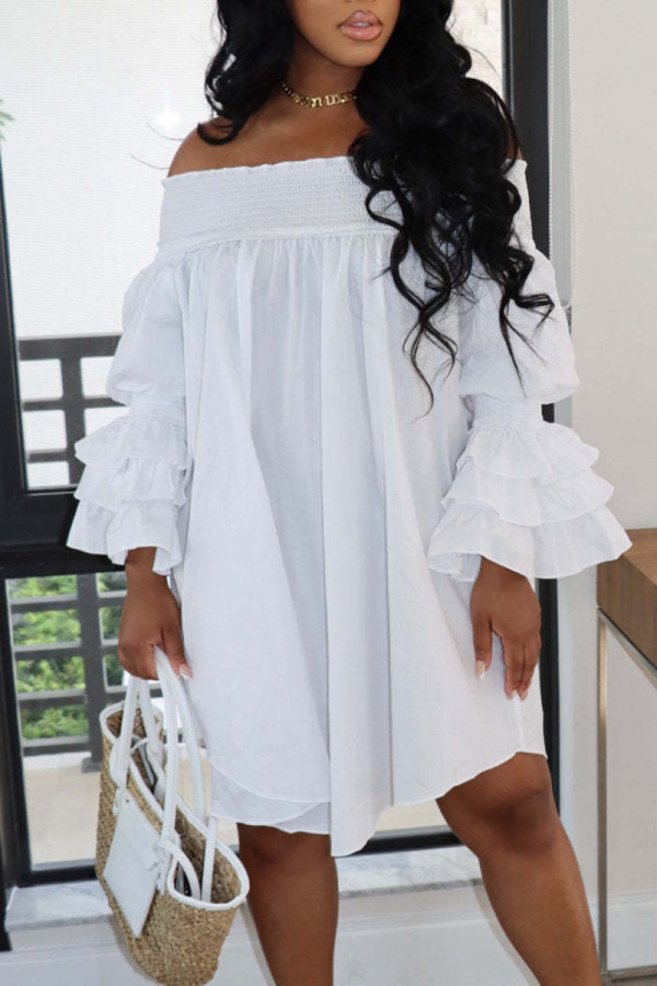 White Casual Sweet Solid Patchwork Flounce Fold Off the Shoulder Princess Dresses
