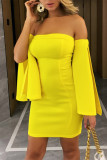 Vestidos de falda de un paso con hombros descubiertos sin espalda de patchwork sólido sexy de moda amarillo