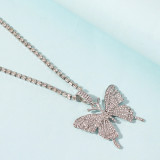 Silver Butterfly Double-layer Rhinestone Pendant Necklace
