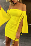 Mode jaune Sexy solide Patchwork dos nu hors de l'épaule une étape jupe robes
