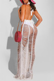 Rose Red Fashion Sexy Solid Bandage See-through Backless Halter Robe sans manches Robes