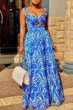 Blauer Mode-reizvoller Druck ausgehöhltes rückenfreies Schlitz-Spaghetti-Träger-langes Kleid