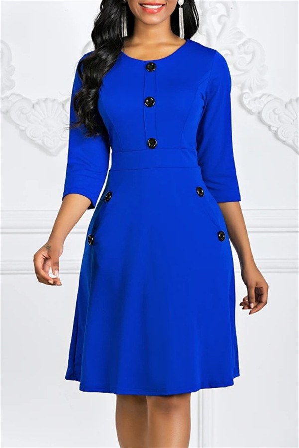Королевские синие модные повседневные однотонные платья в стиле пэчворк с круглым вырезом