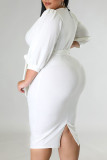 ホワイトカジュアルソリッド包帯パッチワークVネックワンステップスカートプラスサイズのドレス