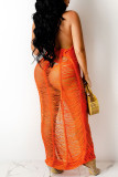 Vestido sin mangas halter sin espalda transparente con vendaje sólido sexy de moda naranja Vestidos
