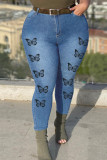 Ljusblå mode Casual Butterfly Print Patchwork Jeans i flera storlekar (utan bälte)