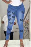 Голубые модные повседневные джинсы скинни с принтом бабочки в стиле пэчворк и высокой талией