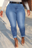 Ljusblått Mode Casual Patchwork Skinny Jeans med hög midja (utan bälte)