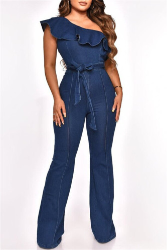 Deep Blue Fashion Casual Solid Patchwork Backless Oblique Collar Regular Jumpsuits
