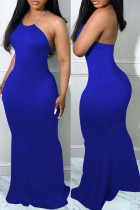 Синее модное сексуальное однотонное длинное платье с открытой спиной и лямкой на шее