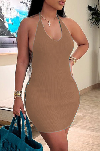 Brownness Fashion Sexy Solid Bandage Backless Halter Sleeveless Dress