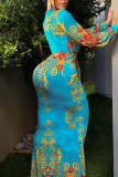 スカイ ブルー セクシー プリント パッチワーク V ネック ロング ドレス ドレス