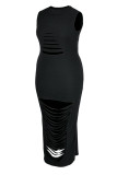 ブラックセクシーソリッドホローアウトパッチワークOネックワンステップスカートプラスサイズのドレス