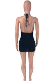 Brownness Fashion Sexy Solid Bandage Backless Halter Sleeveless Dress
