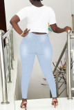 Jeans skinny in denim a vita alta con patchwork casual con stampa a farfalla blu chiaro