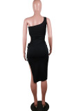 Black Sexy Solid Hollowed Out Patchwork Slit Oblique Collar Pencil Skirt Dresses