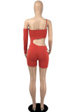 Red Sexy Solid Hollowed Out Patchwork Asymmetrical Spaghetti Strap Skinny Rompers
