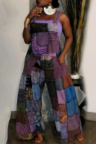 Paarse losse jumpsuits met patchwork-print en vierkante kraag