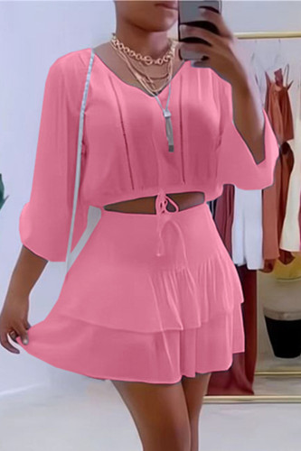Pink Fashion Casual Solid Patchwork V Neck Three Quarter Two Pieces