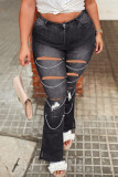Schwarze Street Solide ausgehöhlte Patchwork-Ketten-Jeans mit hoher Taille