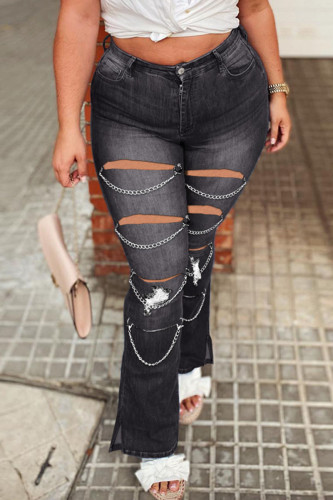 Black Street Solid Hollowed Out Patchwork Chains High Waist Denim Jeans