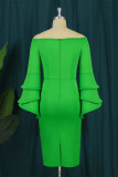 Groene mode casual effen patchwork off-shoulder jurken met lange mouwen