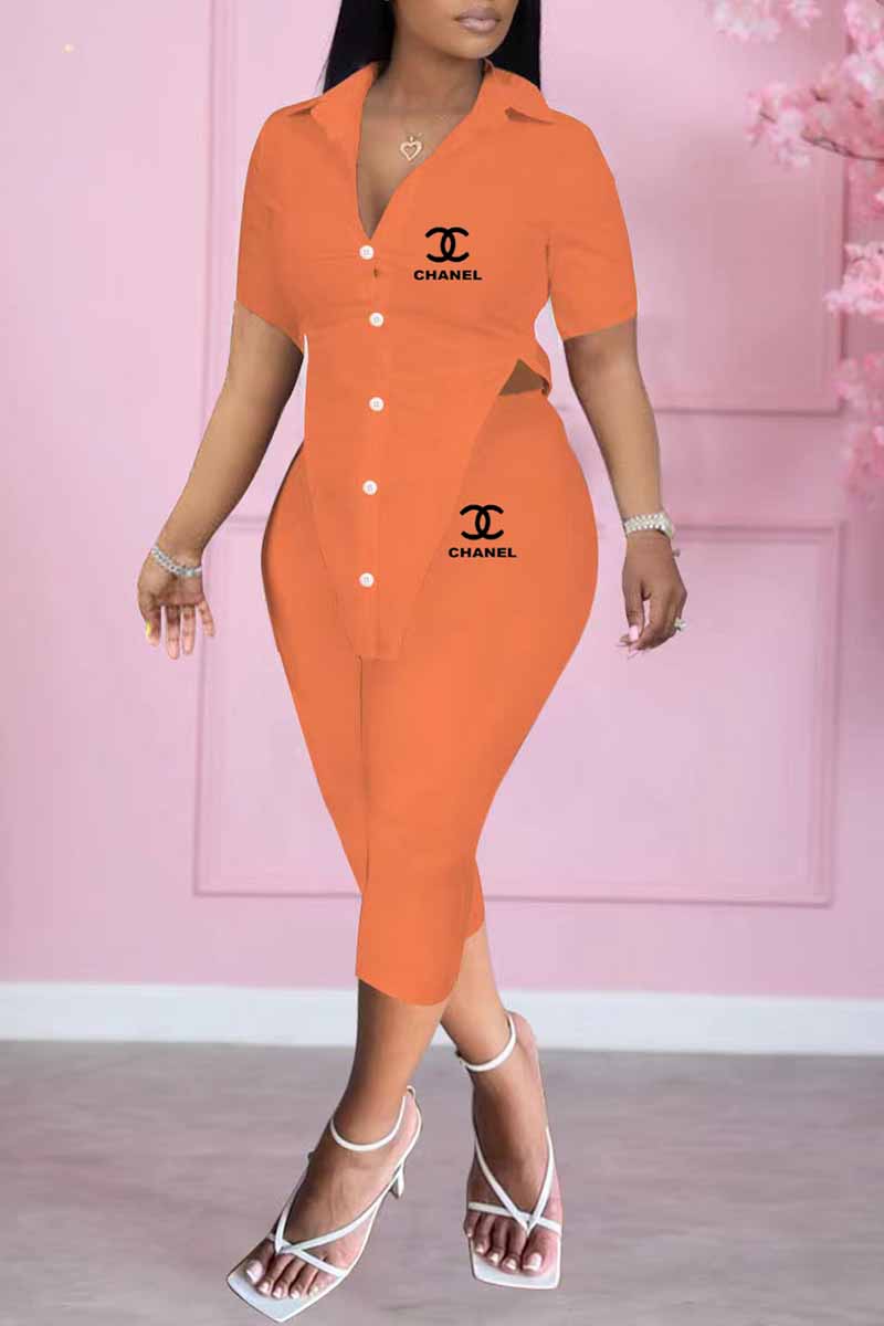 

Orange Fashion Casual Print Letter Turndown Collar Short Sleeve Two Pieces