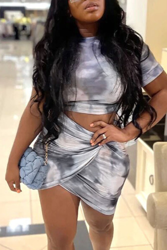 Grey Casual Print Tie Dye Patchwork Asymmetrical O Neck Short Sleeve Two Pieces