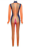 オレンジファッションカジュアルプリントパッチワークタートルネックスキニージャンプスーツ