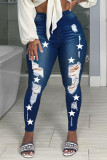 Middelblauwe casual jeans met gescheurde patchwork en hoge taille met straatprint