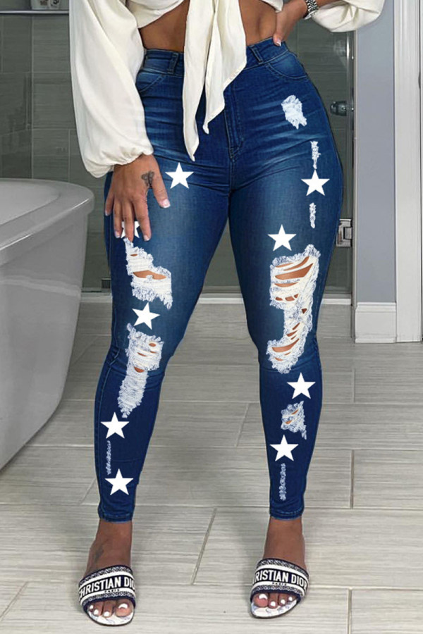 Mörkblå Casual Street Print Ripped Patchwork Jeans med hög midja