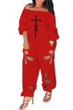 Red Fashion Casual Print Hollowed Out Backless Off the Shoulder Regular Jumpsuits