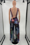 Purple Casual Print Patchwork Square Collar Loose Jumpsuits