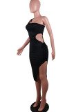 Black Sexy Solid Hollowed Out Patchwork Slit Oblique Collar Pencil Skirt Dresses