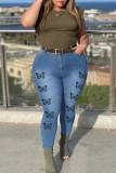 Azul Claro Moda Casual Borboleta Estampa Patchwork Jeans Plus Size (Sem Cinto)