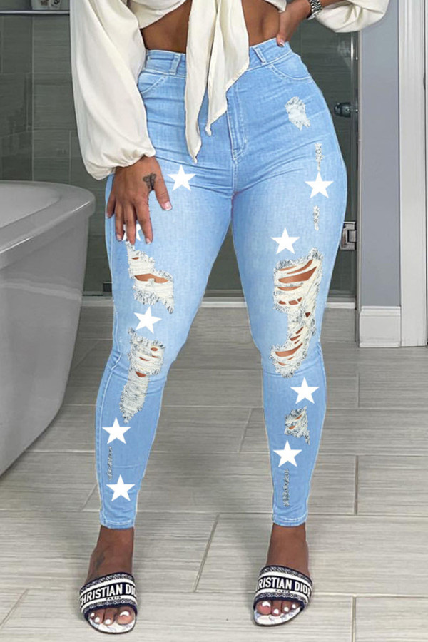 Babyblauwe casual jeans met gescheurde patchwork en hoge taille met straatprint