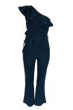 ディープブルーファッションカジュアルソリッドパッチワーク背中の開いた斜めの襟レギュラージャンプスーツ