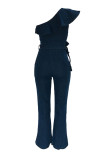 ディープブルーファッションカジュアルソリッドパッチワーク背中の開いた斜めの襟レギュラージャンプスーツ