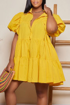 Желтые повседневные милые однотонные платья принцессы в стиле пэчворк с отложным воротником и пряжкой