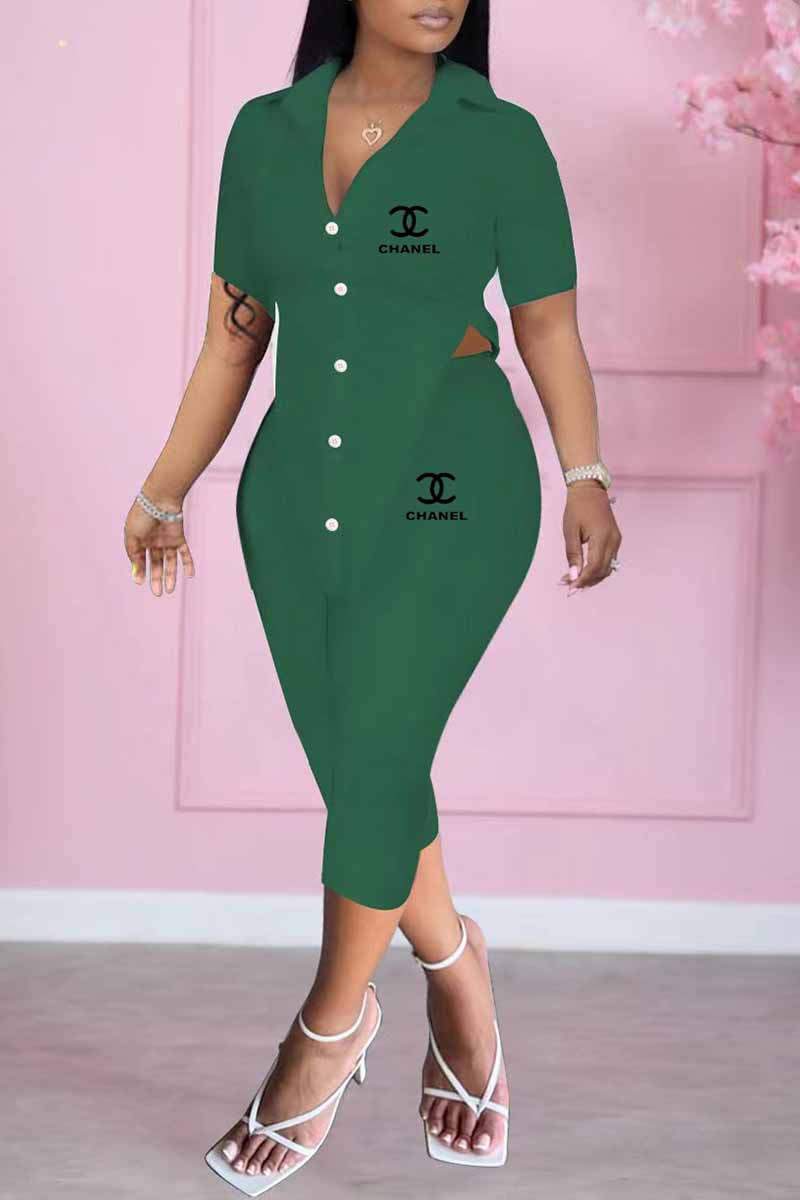 

Army Green Fashion Casual Print Letter Turndown Collar Short Sleeve Two Pieces